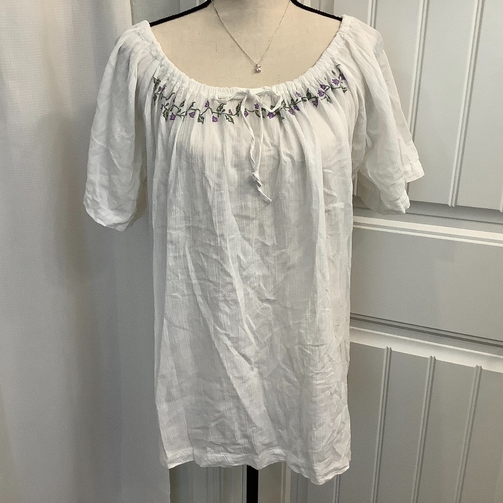 White Peasant Blouse with Purple Flowers